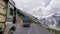 Sonmarg, Jammu and Kashmir - June 18 2019: Trucks waiting in queue to cross the Zojila pass at an elevation of 11,500 feets