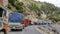 Sonmarg, Jammu and Kashmir - June 18 2019: Trucks waiting in queue to cross the Zojila pass at an elevation of 11,500 feets