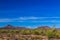Sonoran desert in Arizona. Saguaro cactus and other native plants in foreground; rocky hills, blue sky and wispy clouds in backgro