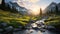 Soothing Alpine Valley Sunset: Photorealistic Wilderness Landscape