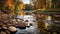 Soothing Autumn Landscape: River With Boulders In Tranquil Serenity