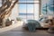 Soothing beachfront bedroom interior with contemporary furnishings, and ocean-inspired decor.