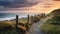 Soothing British Landscapes: Beach Paths And Stone Fence At Sunset