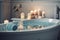 soothing bubble bath in calm blue and white bathroom, with candles and essential oils