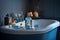 soothing bubble bath in calm blue and white bathroom, with candles and essential oils