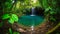 A soothing close-up view of a refreshing waterfall cascading into a serene, lush oasis