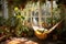 A soothing image of a hammock amidst lush potted plants, providing a serene space for relaxation, A sunny room filled with