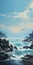 Soothing Landscapes: Ocean And Rock Cliffs Painting In Japanese-style