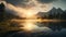 Soothing Landscapes: A Romantic Sunrise Over A Mountain Lake