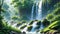 The soothing sounds of a cascading waterfall. The gentle flow of the waterfall, surrounded by lush greenery