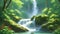 The soothing sounds of a cascading waterfall. The gentle flow of the waterfall, surrounded by lush greenery