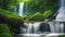 The soothing sounds of a cascading waterfall. The gentle flow of the waterfall, surrounded by lush greenery