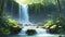 The soothing sounds of a cascading waterfall. The gentle flow of the waterfall, surrounded by lush greenery