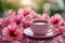 Soothing tea moment Cup of hot hibiscus tea with floral ambiance