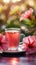 Soothing tea moment Cup of hot hibiscus tea with floral ambiance