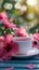 Soothing tea moment Cup of hot hibiscus tea with floral ambiance