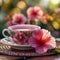 Soothing tea moment Cup of hot hibiscus tea with floral ambiance