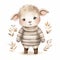 A soothing watercolor illustration of a lamb in a striped, earthy-toned sweater, looking serene among a backdrop of