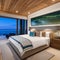 Soothing Waterfront Retreat: A waterfront bedroom with a large window overlooking the water, natural textures, and a soothing co