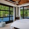 Soothing Waterfront Retreat: A waterfront bedroom with a large window overlooking the water, natural textures, and a soothing co