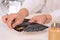 Soothsayer pulling one tarot card at table, closeup. Future telling