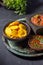 Sopaipilla. Latin American food. Traditional chilean homemade pumpkin sopaipillas with typical salsas - chancho en