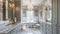 Sophisticated bathroom with crystal chandelier, clawfoot tub, gold fixtures, and marble countertops combines luxury and