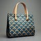 Sophisticated Blue And Gold Patterned Handbag With Gold Handles