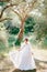 A sophisticated bride stands in an olive grove in a glade flooded with light and holds the edge of her dress with her