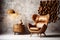 Sophisticated Comfort Brown Leather Wingback Chair, Window Views, and Stucco Wall in a Modern Living Room\\\'s. Ai