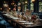 A sophisticated dining room with a long wooden table, velvet chairs, and a crystal chandelier, exuding opulence and elegance.