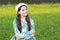 Sophisticated fashionista little girl wear beret hat and fancy dress nature background, fashion inspiration concept