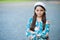 Sophisticated fashionista little girl wear beret hat and fancy dress, refined manners concept