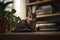 Sophisticated Feline: A Cat in a Modern Apartment Surrounded by Books