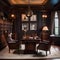 A sophisticated gentlemans study with leather armchairs, a mahogany desk, and a globe bar cart1