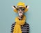 Sophisticated giraffe in summer yellow sun hat and bright scarf.