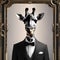 A sophisticated giraffe in a tuxedo, posing for a portrait with a serene and majestic1