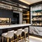 A sophisticated home bar with a marble-topped counter, glass shelves displaying a collection of fine spirits, and elegant bar st