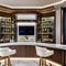 A sophisticated home bar with a marble-topped counter, glass shelves displaying a collection of fine spirits, and elegant bar st