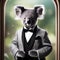 A sophisticated koala in a tuxedo, posing for a portrait with a serene and contented look1