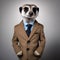A sophisticated meerkat in a business suit, posing for a portrait in its burrow2