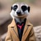 A sophisticated meerkat in a business suit, posing for a portrait in its burrow3