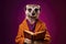 a Sophisticated meerkat in a teacher\\\'s suit in a yellow jacket holds a book on a purple background, Generative AI