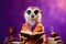 a Sophisticated meerkat in a teacher\\\'s suit in a yellow jacket holds a book on a purple background, Generative AI