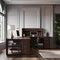 A sophisticated office space with dark wood furniture and leather accents1