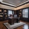 A sophisticated office space with dark wood furniture and leather accents2