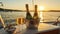 A Sophisticated Sunset Soiree on the Ocean, Featuring a Pristine Champagne Bottle in an Ice Bucket with Crystal Glasses, On board