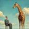 Sophisticated Surrealism: A Man And A Giraffe In Captivating Illustrative Storytelling