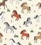 Sophisticated vector repeat pattern with happy horses galloping on a flower meadow on a cream background