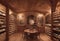 A sophisticated wine cellar with wooden racks, ambient lighting, and a tasting area,